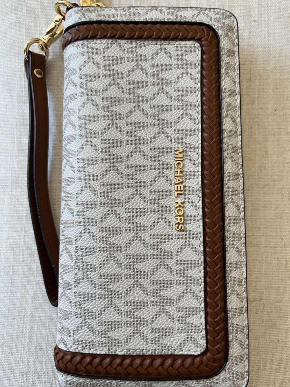 Michael Kors Beige and Brown Logo Wallet with Braided Trim and wristlet strap